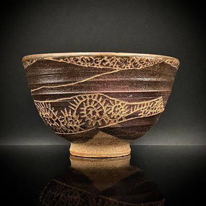 伊万里 渚窯 高木 和安 作 縄文刻文窯変茶盌 抹茶碗 酒器 原始美術 和のロックグラス #392