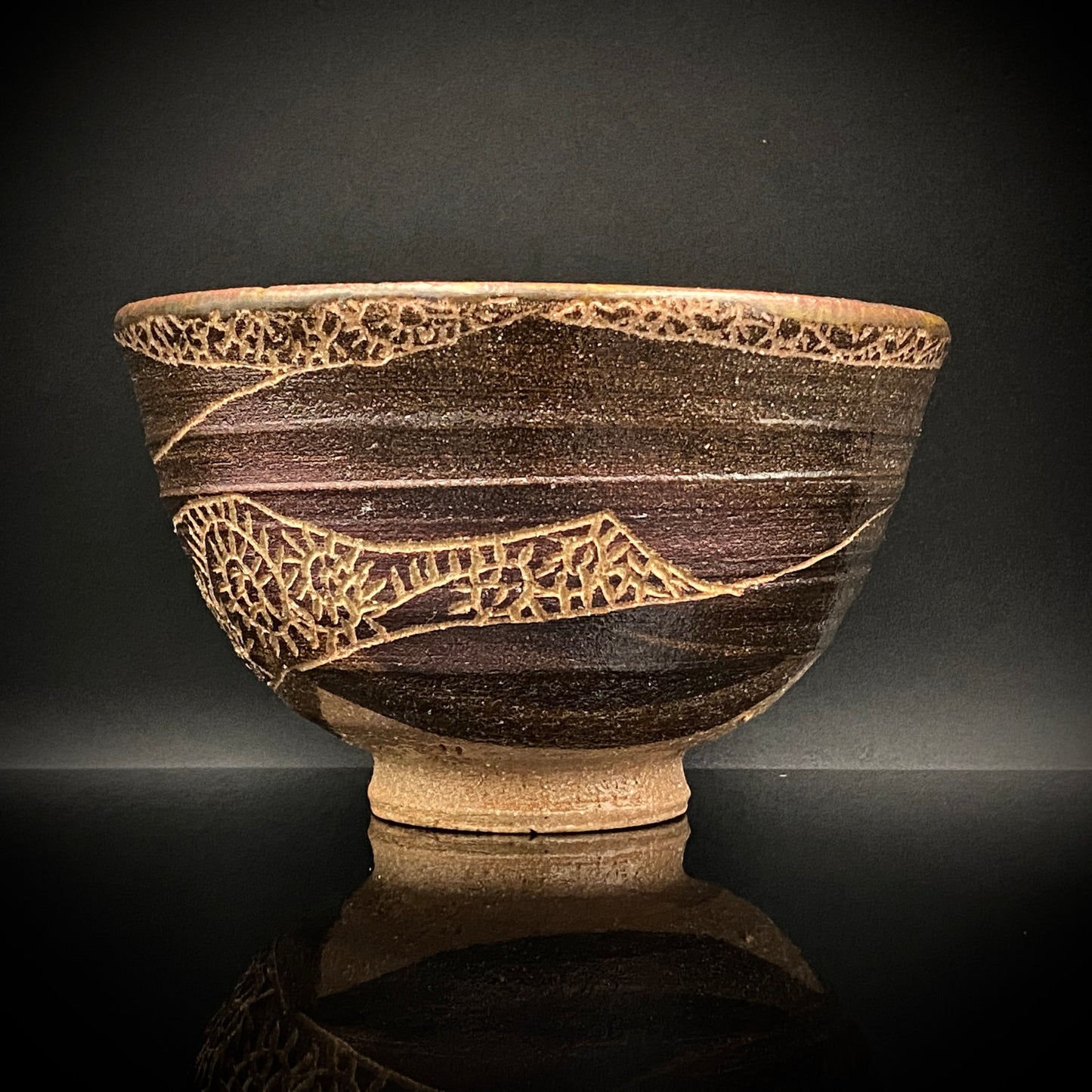 伊万里 渚窯 高木 和安 作 縄文刻文窯変茶盌 抹茶碗 酒器 原始美術 和のロックグラス #392
