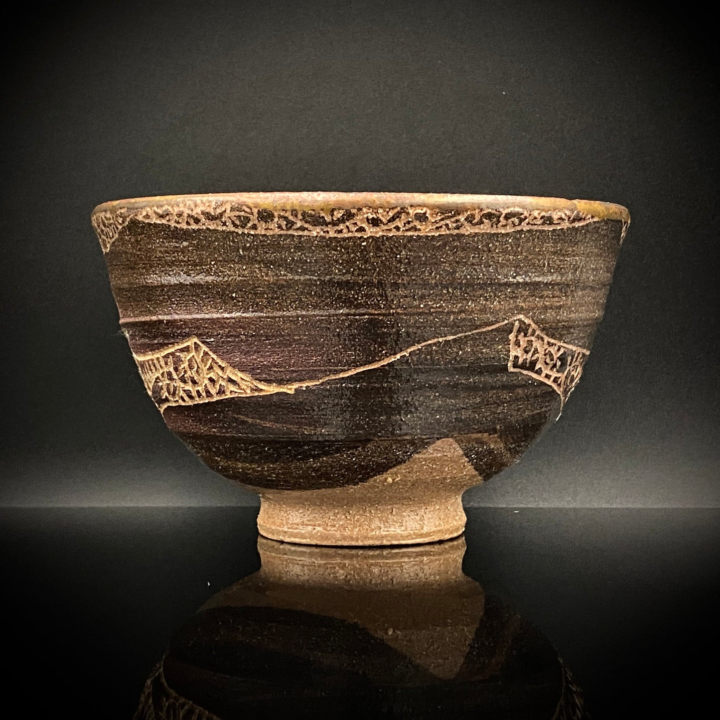 伊万里 渚窯 高木 和安 作 縄文刻文窯変茶盌 抹茶碗 酒器 原始美術 和のロックグラス #392