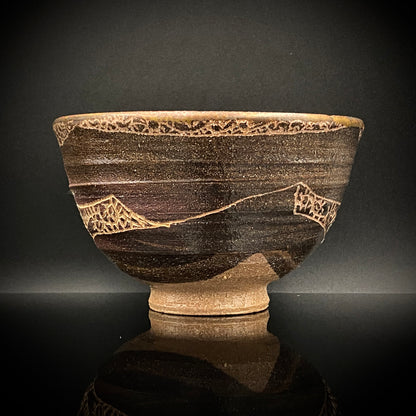 伊万里 渚窯 高木 和安 作 縄文刻文窯変茶盌 抹茶碗 酒器 原始美術 和のロックグラス #392