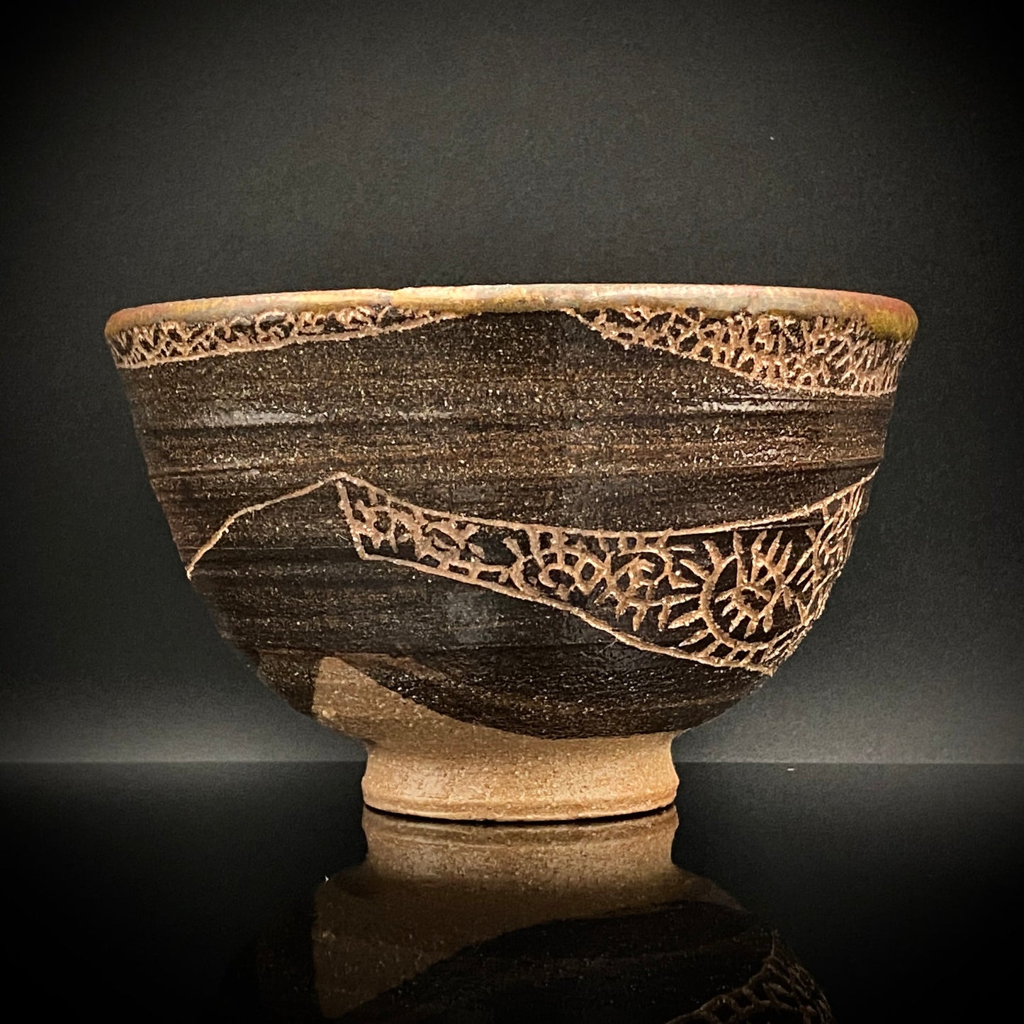 伊万里 渚窯 高木 和安 作 縄文刻文窯変茶盌 抹茶碗 酒器 原始美術 和のロックグラス #392