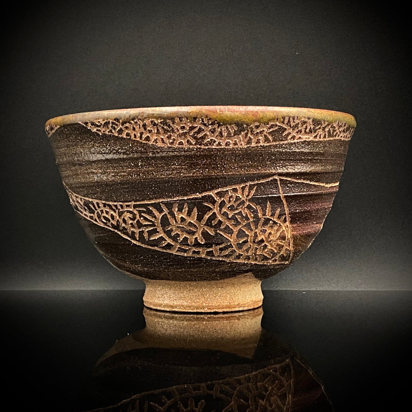 伊万里 渚窯 高木 和安 作 縄文刻文窯変茶盌 抹茶碗 酒器 原始美術 和のロックグラス #392