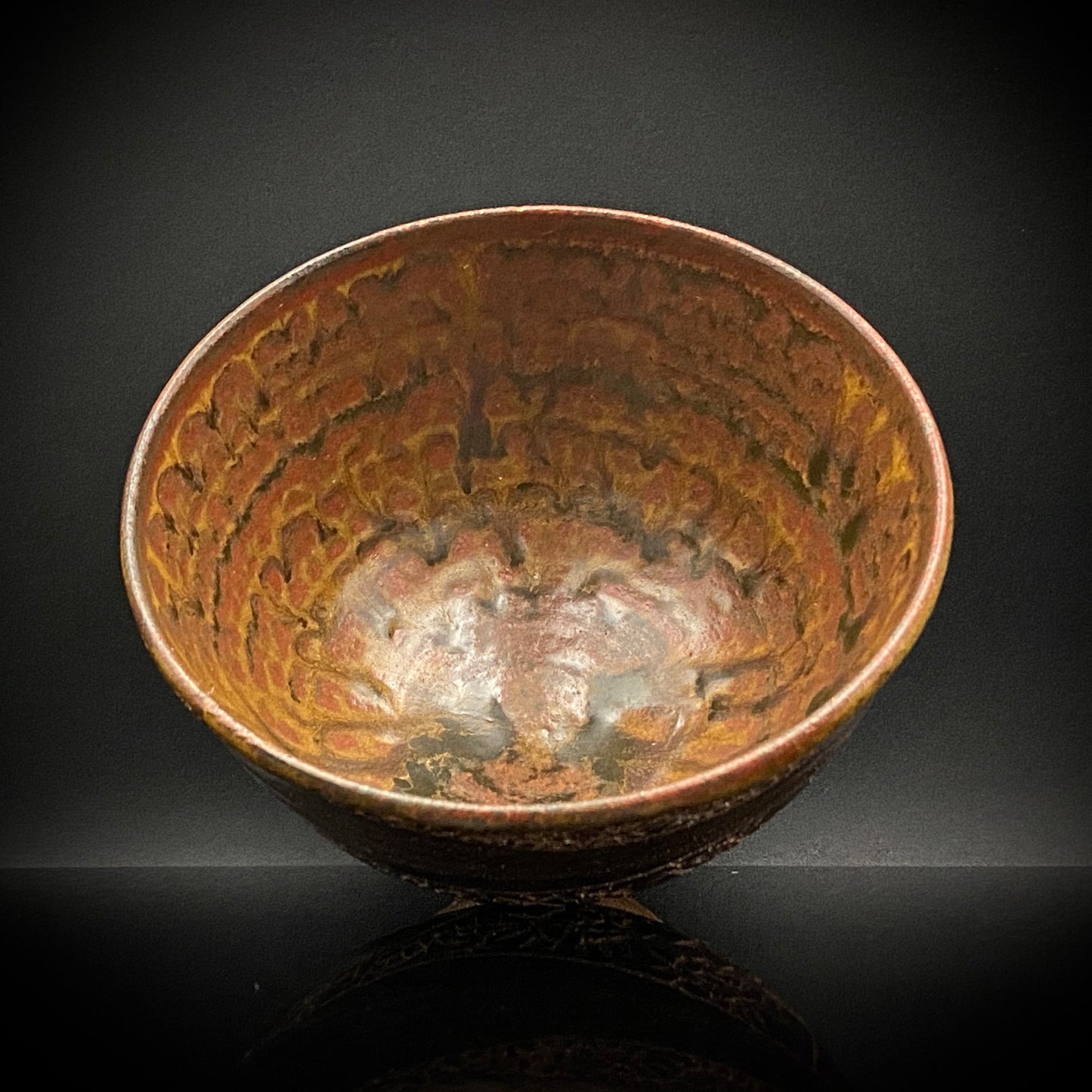 伊万里 渚窯 高木 和安 作 縄文刻文窯変茶盌 抹茶碗 酒器 原始美術 和のロックグラス #392