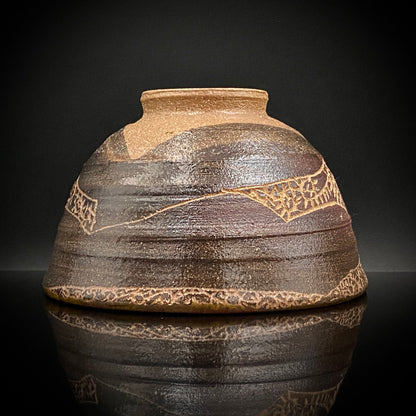 伊万里 渚窯 高木 和安 作 縄文刻文窯変茶盌 抹茶碗 酒器 原始美術 和のロックグラス #392
