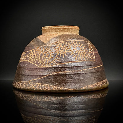 伊万里 渚窯 高木 和安 作 縄文刻文窯変茶盌 抹茶碗 酒器 原始美術 和のロックグラス #392