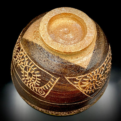 伊万里 渚窯 高木 和安 作 縄文刻文窯変茶盌 抹茶碗 酒器 原始美術 和のロックグラス #392