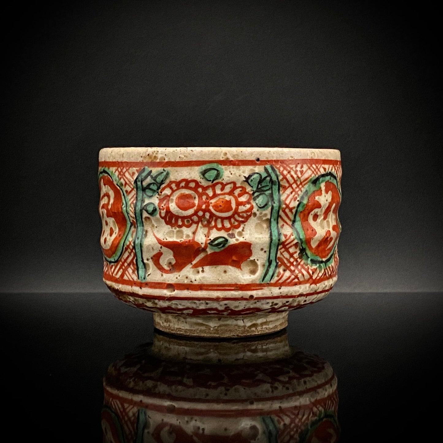 愛知 犬山焼 呉須赤絵吉祥文字文碗 乾山風秋草文筒型向付 呉須山水図丸小壺 煎茶碗 酒器 3点セット #345