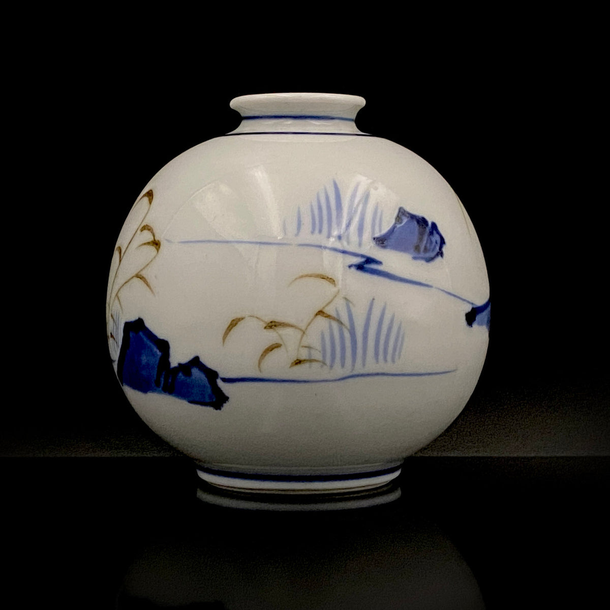 愛知 犬山焼 呉須赤絵吉祥文字文碗 乾山風秋草文筒型向付 呉須山水図丸小壺 煎茶碗 酒器 3点セット #345