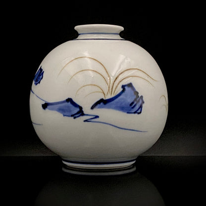 愛知 犬山焼 呉須赤絵吉祥文字文碗 乾山風秋草文筒型向付 呉須山水図丸小壺 煎茶碗 酒器 3点セット #345