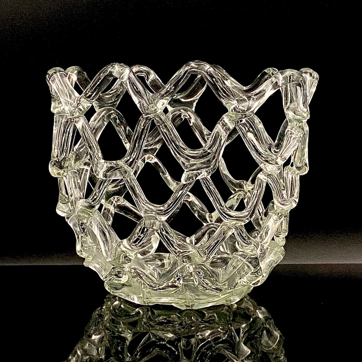 Father of Modern Japanese Glass Art, Master Toshichi Iwata - Glass Network Flower Vase, Glass Network Vase, Fruit Basket, Candle Holder #433