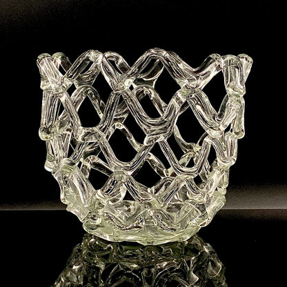 Father of Modern Japanese Glass Art, Master Toshichi Iwata - Glass Network Flower Vase, Glass Network Vase, Fruit Basket, Candle Holder #433
