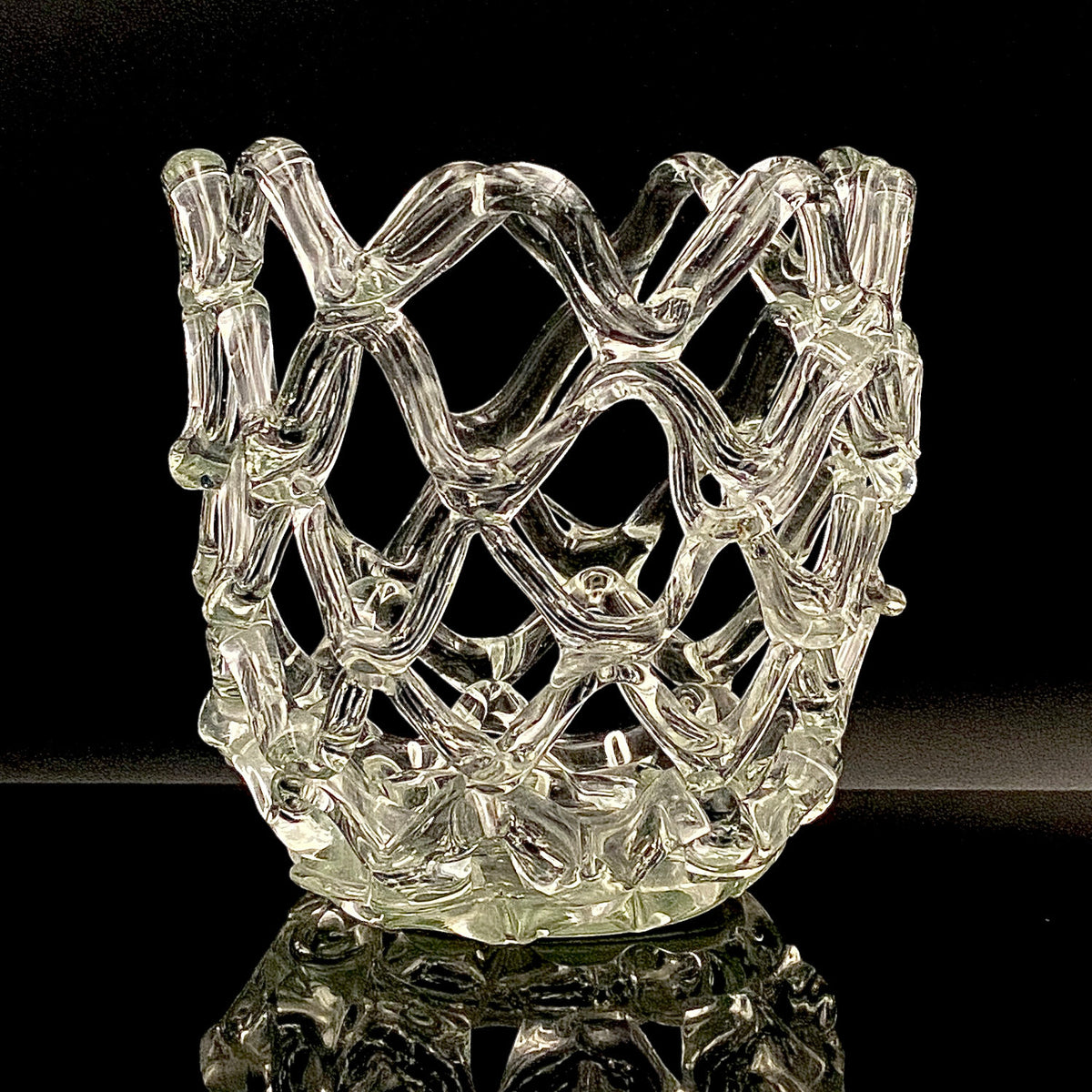 Father of Modern Japanese Glass Art, Master Toshichi Iwata - Glass Network Flower Vase, Glass Network Vase, Fruit Basket, Candle Holder #433