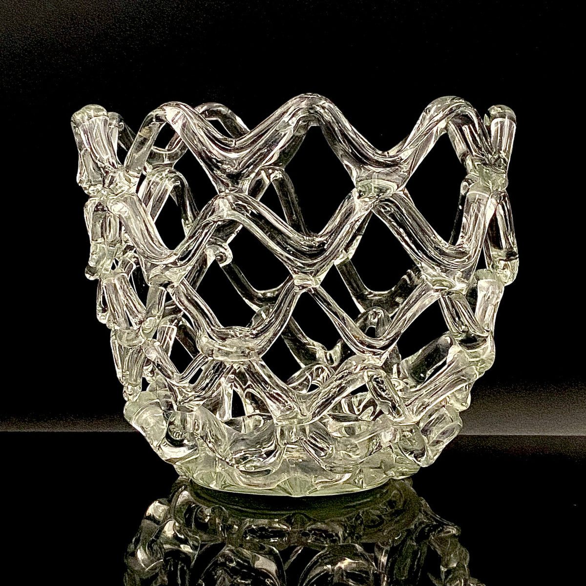 Father of Modern Japanese Glass Art, Master Toshichi Iwata - Glass Network Flower Vase, Glass Network Vase, Fruit Basket, Candle Holder #433