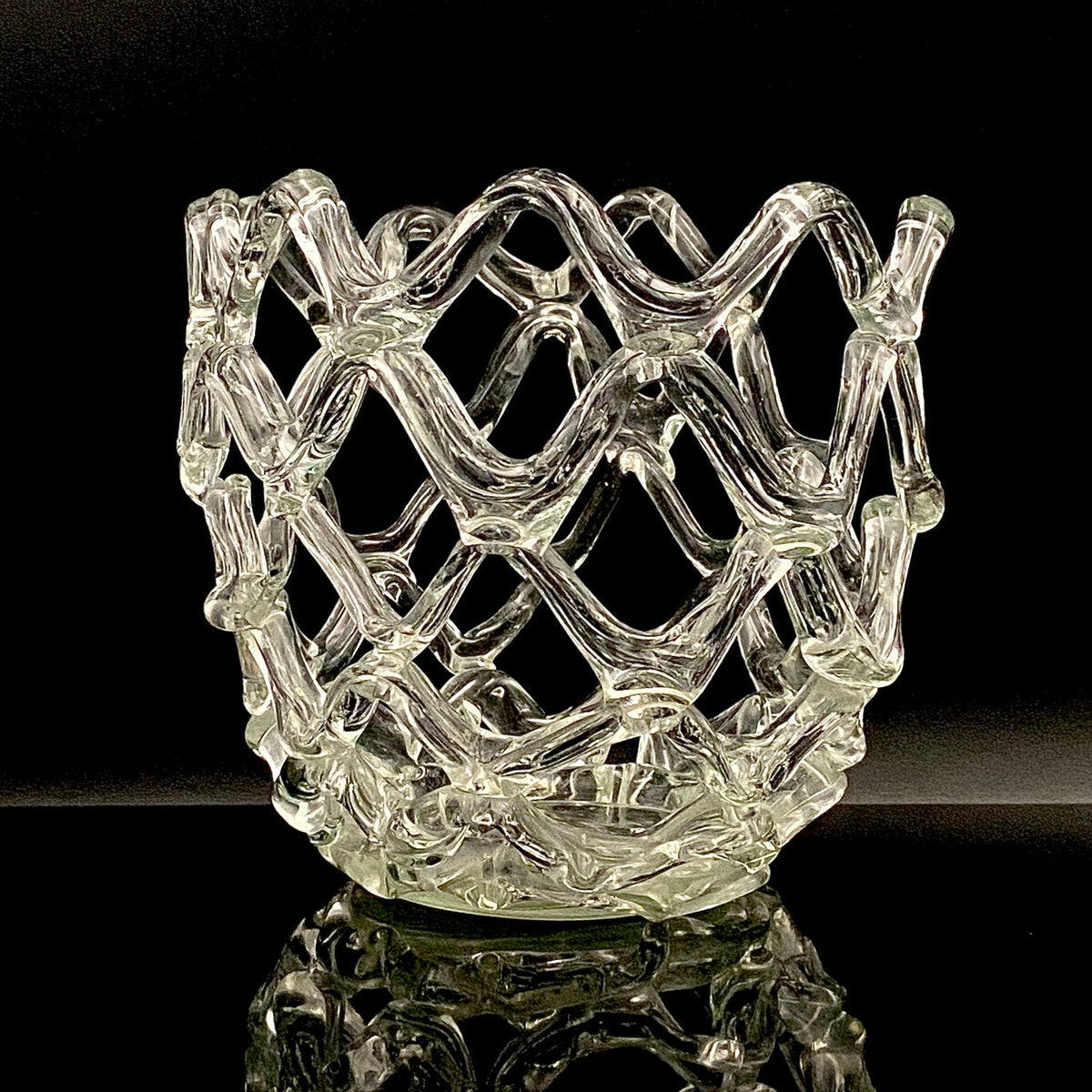 Father of Modern Japanese Glass Art, Master Toshichi Iwata - Glass Network Flower Vase, Glass Network Vase, Fruit Basket, Candle Holder #433