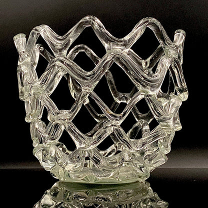 Father of Modern Japanese Glass Art, Master Toshichi Iwata - Glass Network Flower Vase, Glass Network Vase, Fruit Basket, Candle Holder #433