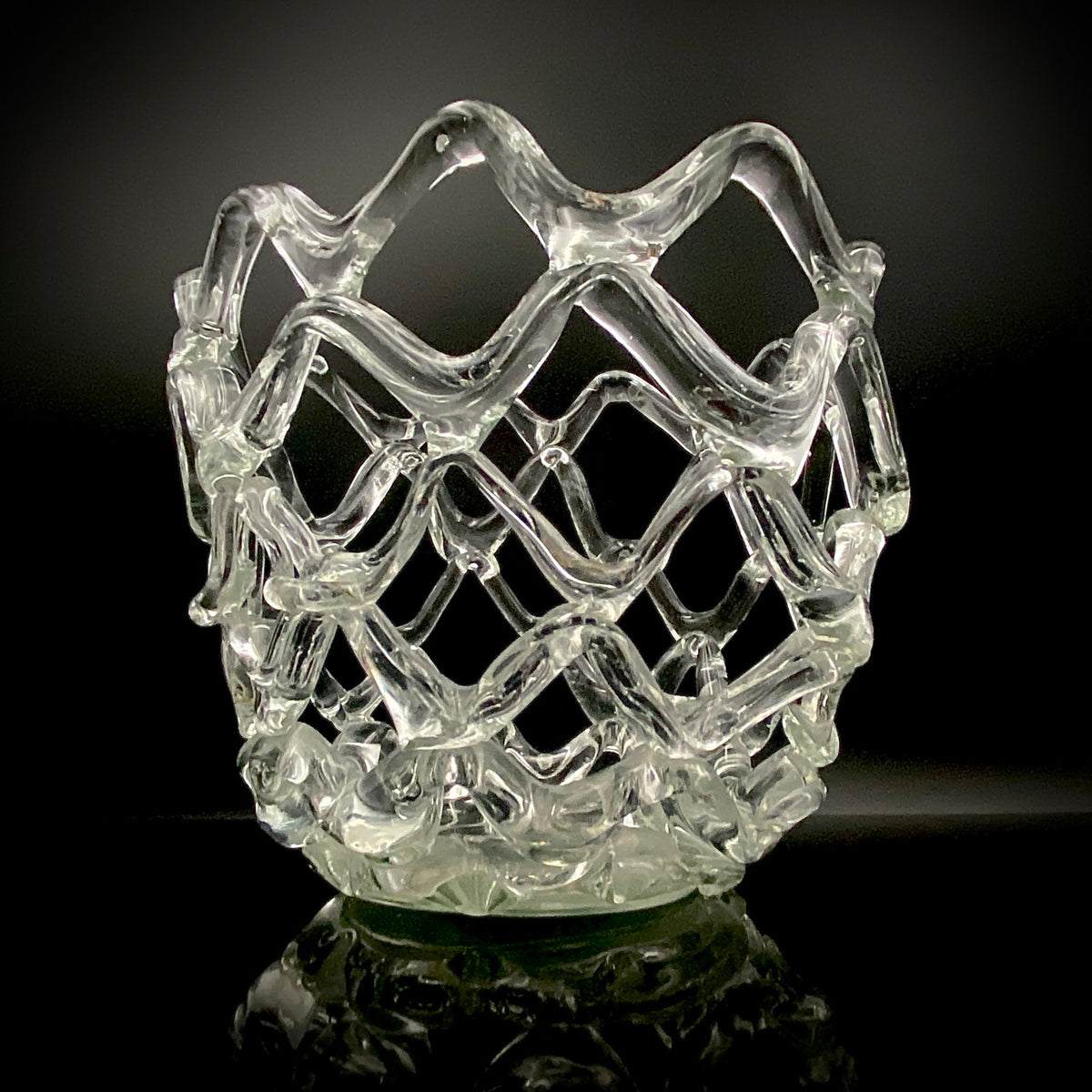 Father of Modern Japanese Glass Art, Master Toshichi Iwata - Glass Network Flower Vase, Glass Network Vase, Fruit Basket, Candle Holder #433
