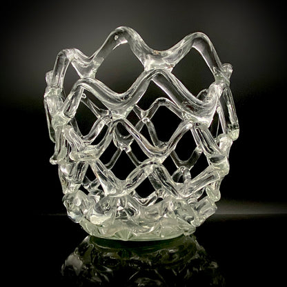 Father of Modern Japanese Glass Art, Master Toshichi Iwata - Glass Network Flower Vase, Glass Network Vase, Fruit Basket, Candle Holder #433