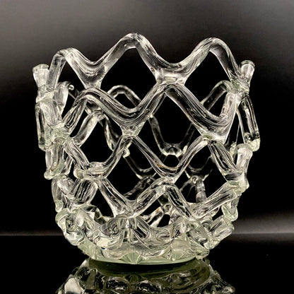 Father of Modern Japanese Glass Art, Master Toshichi Iwata - Glass Network Flower Vase, Glass Network Vase, Fruit Basket, Candle Holder #433