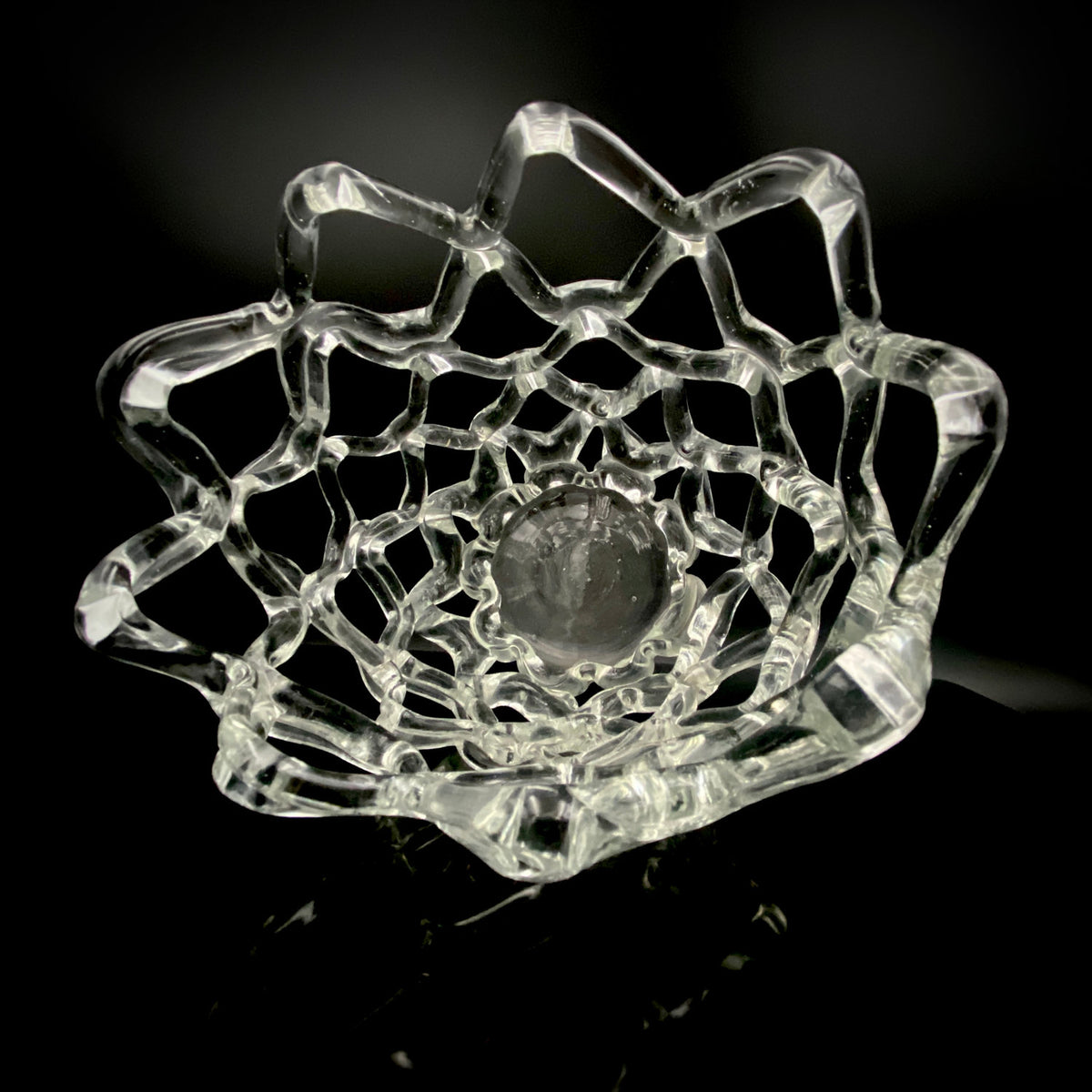 Father of Modern Japanese Glass Art, Master Toshichi Iwata - Glass Network Flower Vase, Glass Network Vase, Fruit Basket, Candle Holder #433