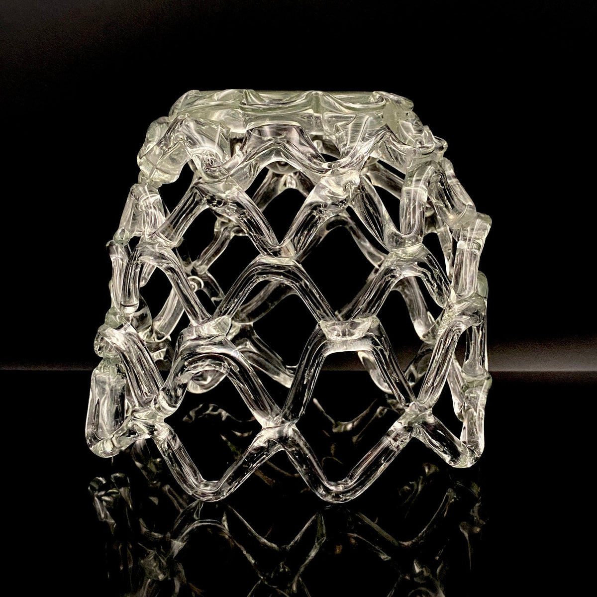 Father of Modern Japanese Glass Art, Master Toshichi Iwata - Glass Network Flower Vase, Glass Network Vase, Fruit Basket, Candle Holder #433