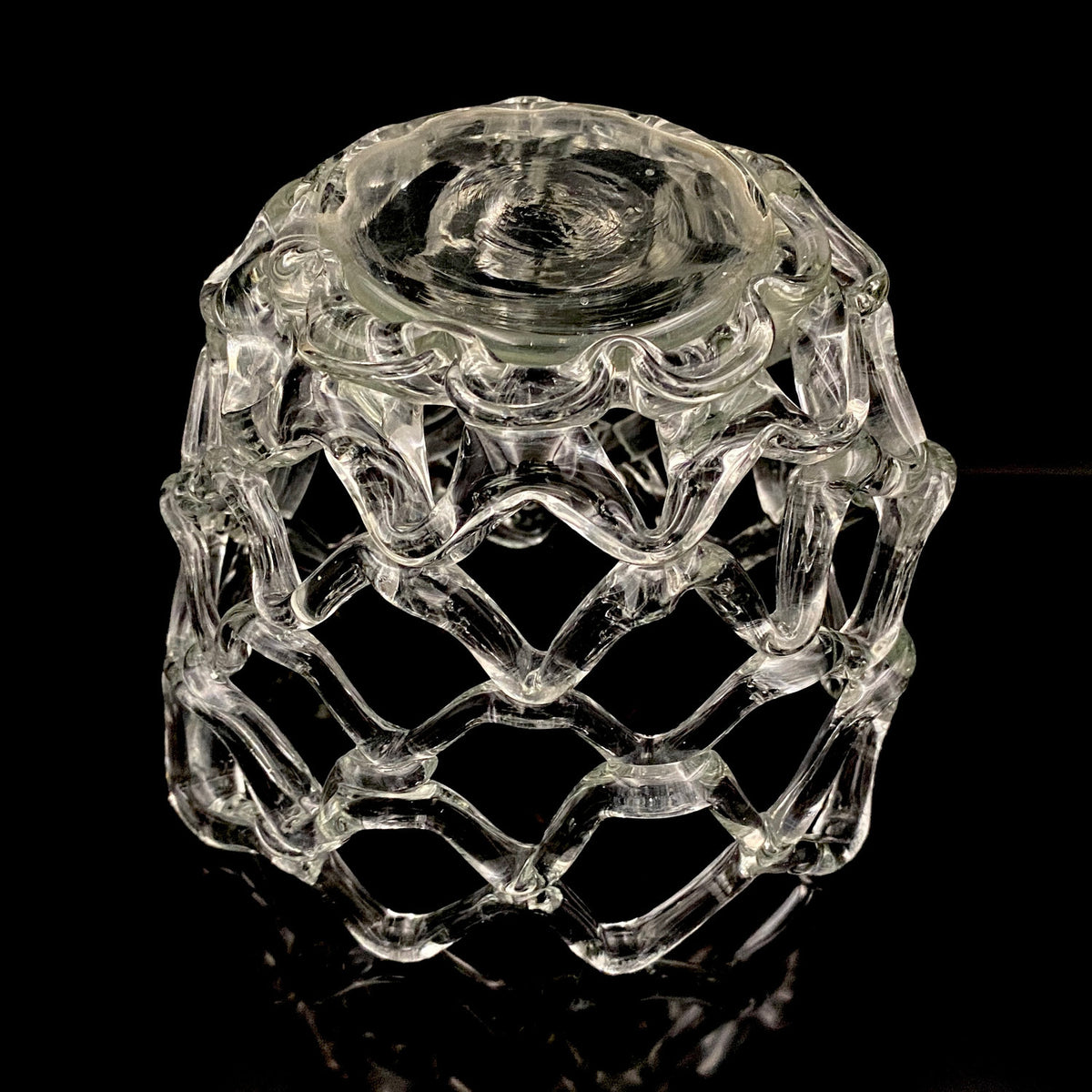Father of Modern Japanese Glass Art, Master Toshichi Iwata - Glass Network Flower Vase, Glass Network Vase, Fruit Basket, Candle Holder #433