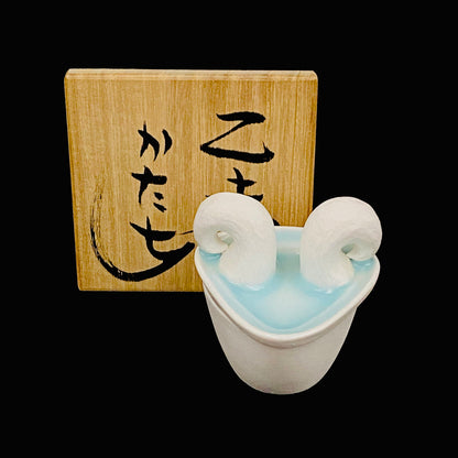 Metropolitan Museum of Art Collection Artist, Japan Ceramic Art Exhibition Grand Prix Winner: Shigekazu Nagae - "Form of Otsumi" Celadon Glazed Porcelain Covered Sake Vessel, Japanese Shot Glass, Made in 2014 #432