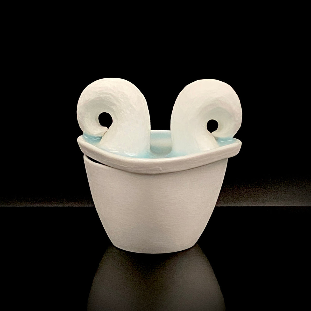 Metropolitan Museum of Art Collection Artist, Japan Ceramic Art Exhibition Grand Prix Winner: Shigekazu Nagae - "Form of Otsumi" Celadon Glazed Porcelain Covered Sake Vessel, Japanese Shot Glass, Made in 2014 #432