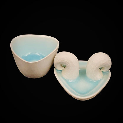 Metropolitan Museum of Art Collection Artist, Japan Ceramic Art Exhibition Grand Prix Winner: Shigekazu Nagae - "Form of Otsumi" Celadon Glazed Porcelain Covered Sake Vessel, Japanese Shot Glass, Made in 2014 #432