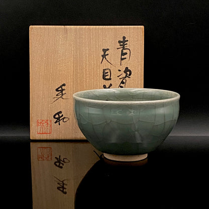 Japan Traditional Art Crafts Exhibition Selected Artist, Japan Art Crafts Association Associate Member, Hidekazu Nakamura, Celadon Tenmoku Bowl with Multi-Layered Ice-Crackle Craquelure, Japanese-Style Rocks Glass #436
