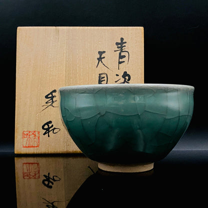 Japan Traditional Art Crafts Exhibition Selected Artist, Japan Art Crafts Association Associate Member, Hidekazu Nakamura, Celadon Tenmoku Bowl with Multi-Layered Ice-Crackle Craquelure, Japanese-Style Rocks Glass #436