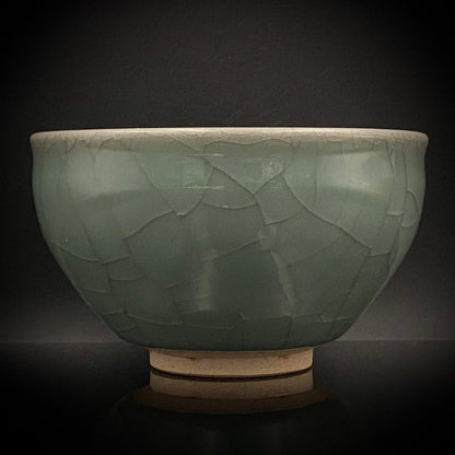 Japan Traditional Art Crafts Exhibition Selected Artist, Japan Art Crafts Association Associate Member, Hidekazu Nakamura, Celadon Tenmoku Bowl with Multi-Layered Ice-Crackle Craquelure, Japanese-Style Rocks Glass #436