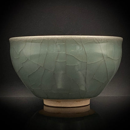 Japan Traditional Art Crafts Exhibition Selected Artist, Japan Art Crafts Association Associate Member, Hidekazu Nakamura, Celadon Tenmoku Bowl with Multi-Layered Ice-Crackle Craquelure, Japanese-Style Rocks Glass #436