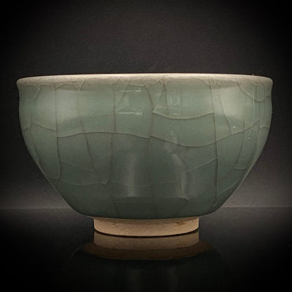 Japan Traditional Art Crafts Exhibition Selected Artist, Japan Art Crafts Association Associate Member, Hidekazu Nakamura, Celadon Tenmoku Bowl with Multi-Layered Ice-Crackle Craquelure, Japanese-Style Rocks Glass #436