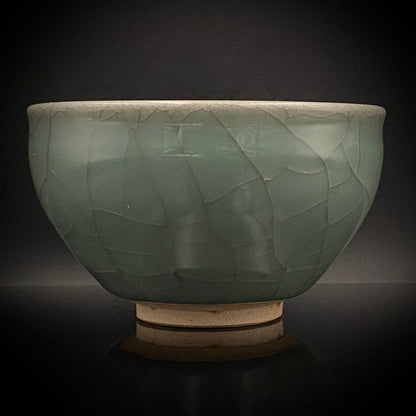 Japan Traditional Art Crafts Exhibition Selected Artist, Japan Art Crafts Association Associate Member, Hidekazu Nakamura, Celadon Tenmoku Bowl with Multi-Layered Ice-Crackle Craquelure, Japanese-Style Rocks Glass #436