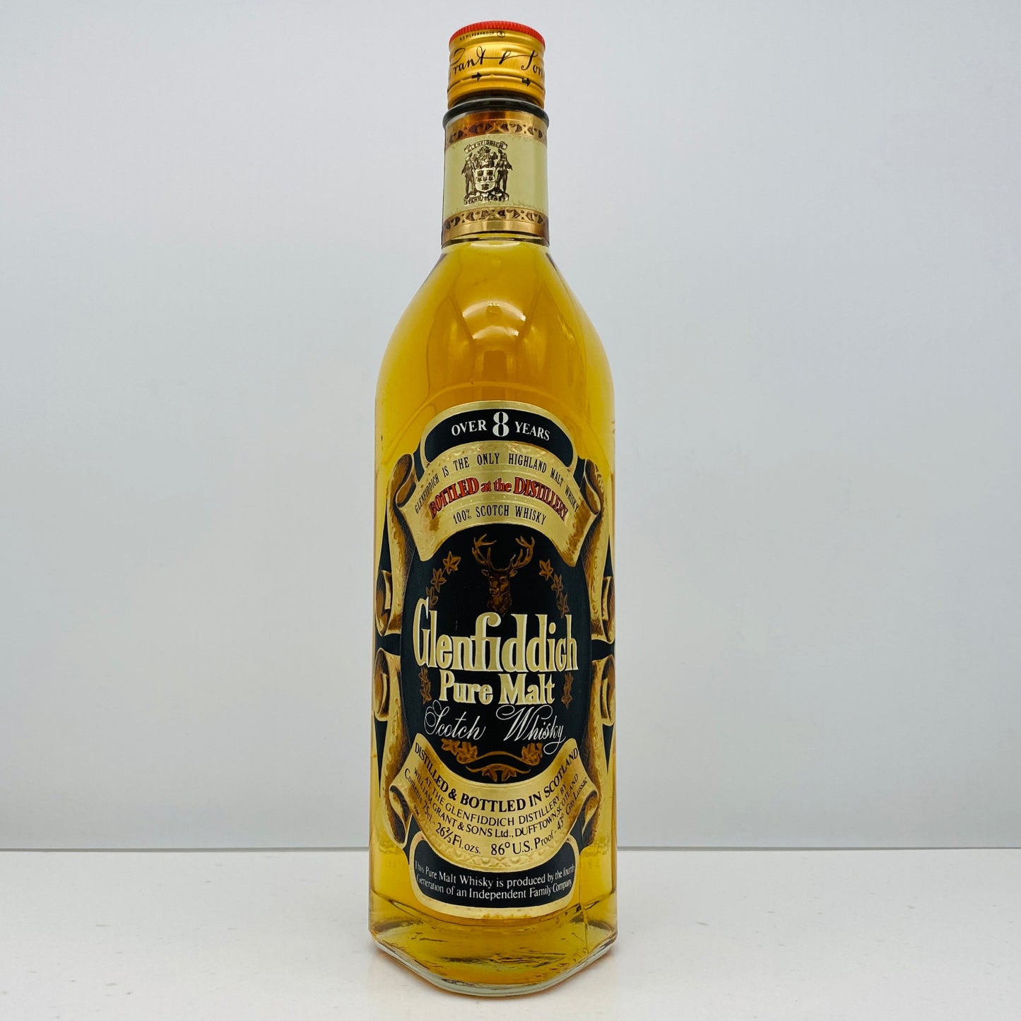 1970年代流通、グレンフィディック（Glenfiddich）8年ピュアモルト、26 2/3 Fl.ozs. 86° U.S. Proof クリアボトル #117