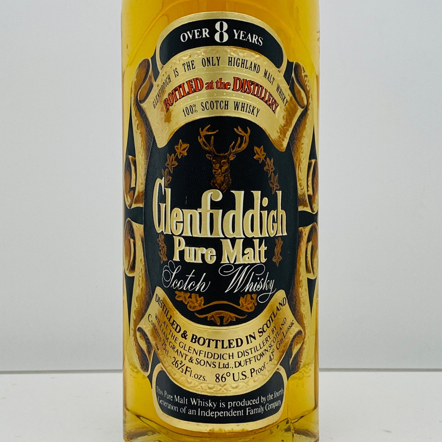 1970年代流通、グレンフィディック（Glenfiddich）8年ピュアモルト、26 2/3 Fl.ozs. 86° U.S. Proof クリアボトル #117