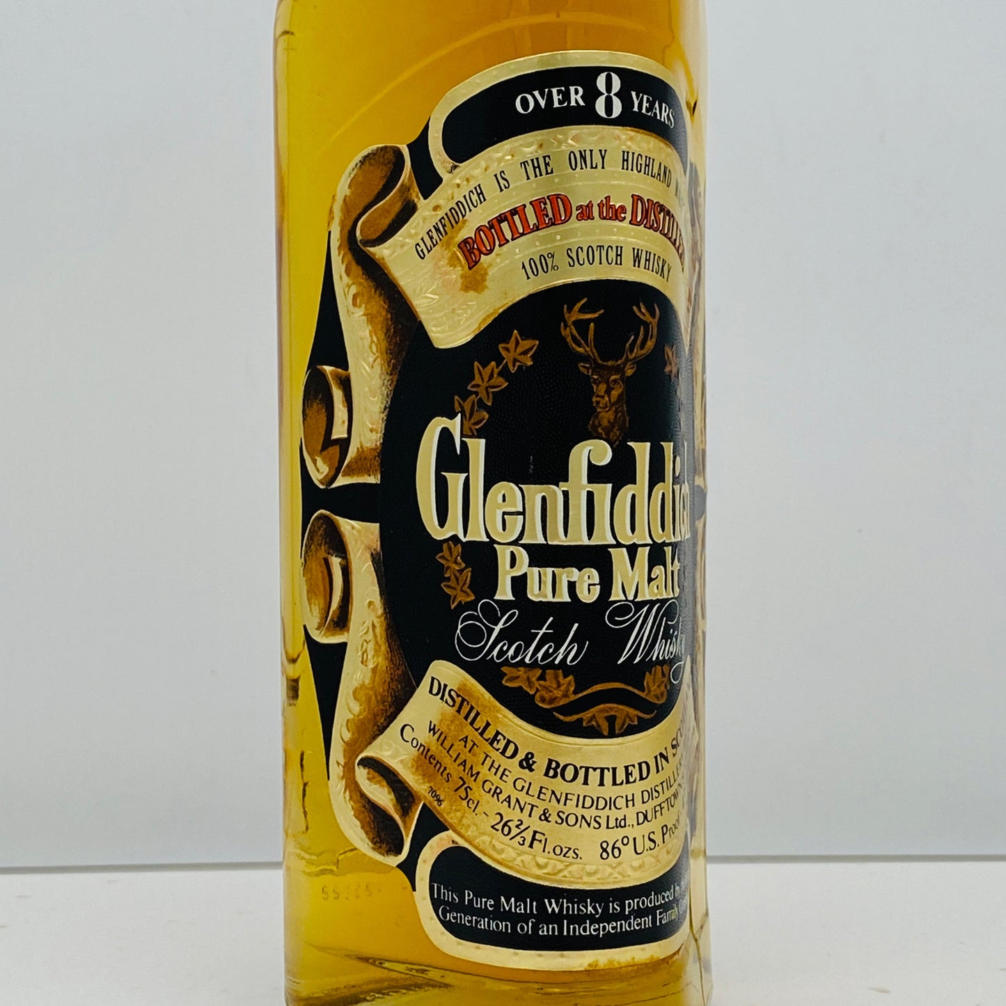 1970年代流通、グレンフィディック（Glenfiddich）8年ピュアモルト、26 2/3 Fl.ozs. 86° U.S. Proof クリアボトル #117