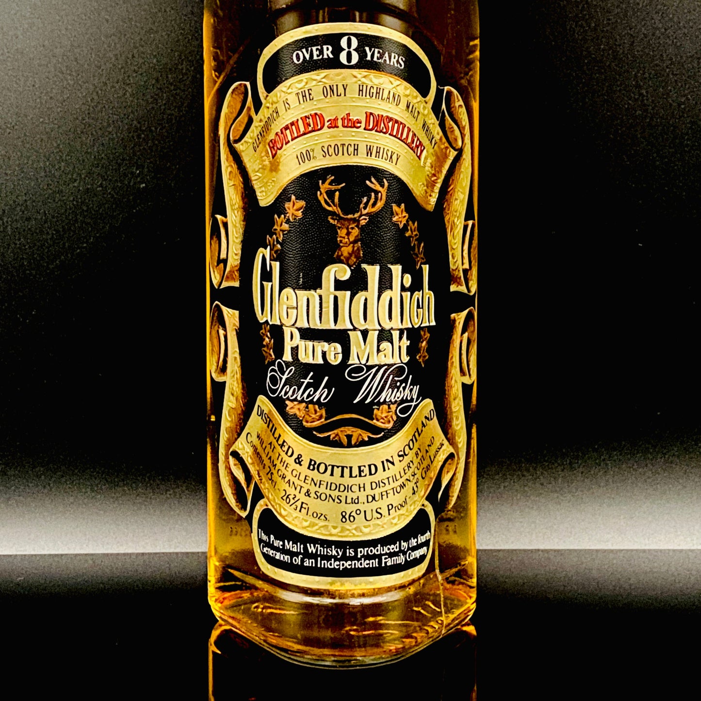 1970年代流通、グレンフィディック（Glenfiddich）8年ピュアモルト、26 2/3 Fl.ozs. 86° U.S. Proof クリアボトル #117