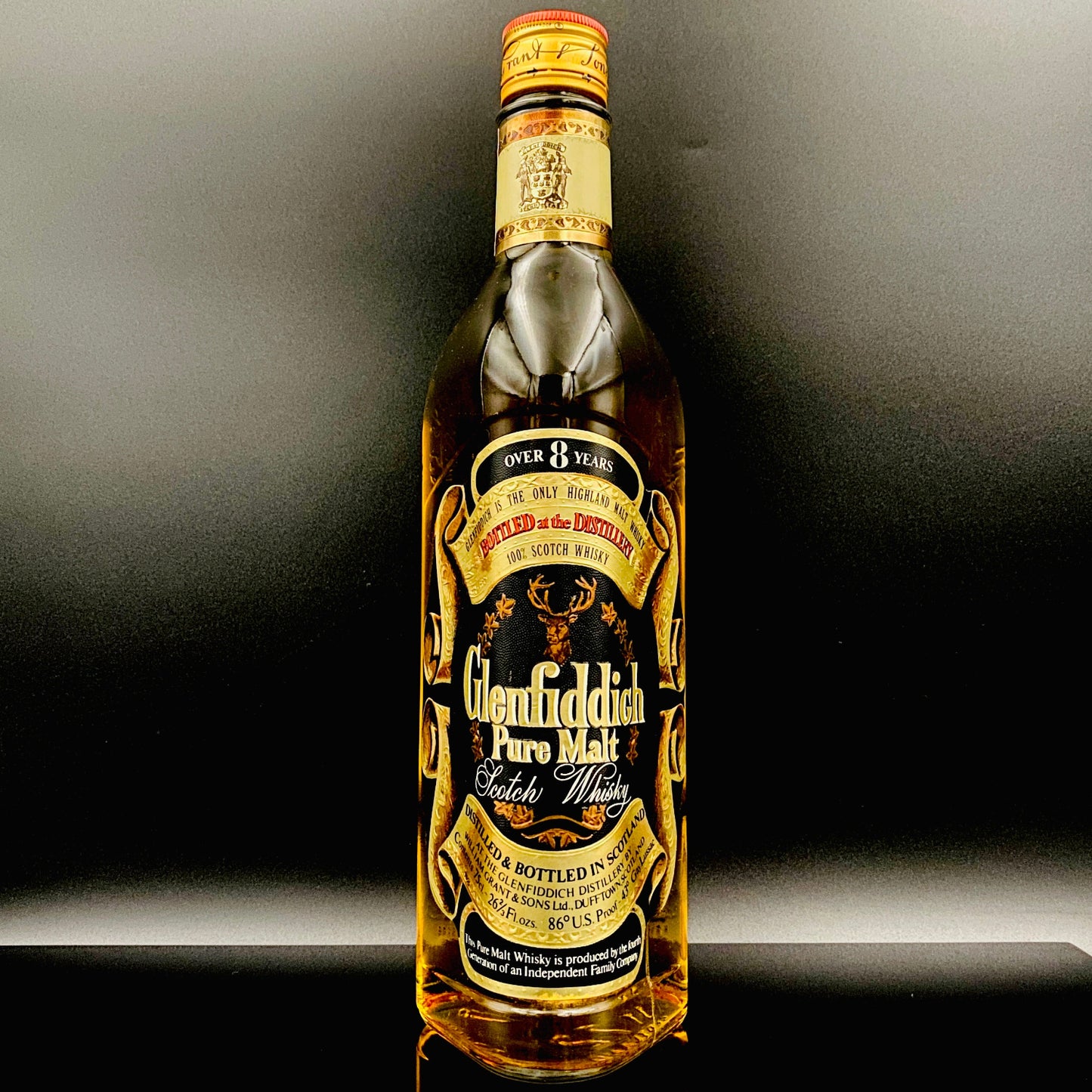 1970年代流通、グレンフィディック（Glenfiddich）8年ピュアモルト、26 2/3 Fl.ozs. 86° U.S. Proof クリアボトル #117