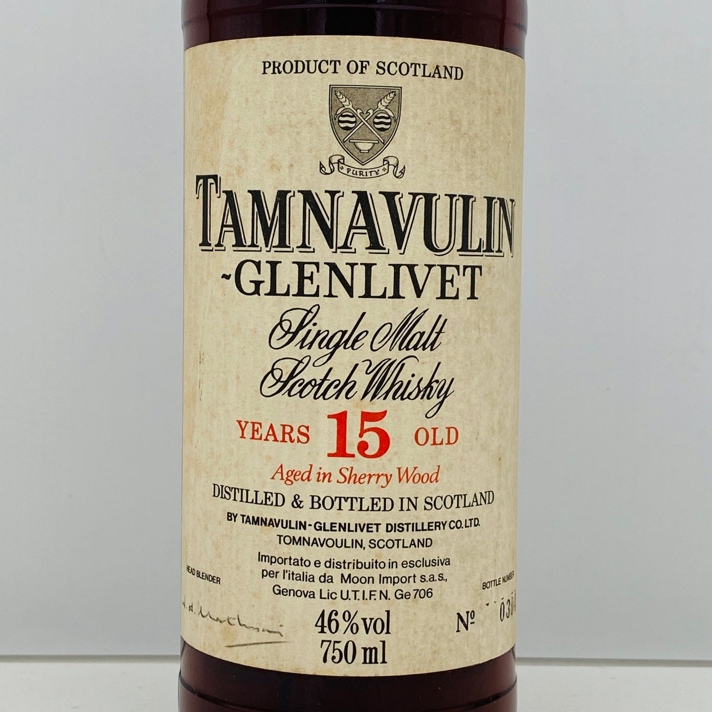 1980年代後半イタリア市場流通、ムーンインポート（MOON IMPORT）タムナヴーリン・グレンリベット（TAMNAVULIN-GLENLIVET） 15年、750ml、46% #132