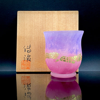 国立工芸館・米国コーニングガラス美術館収蔵作家 日本ガラス工芸協会元副会長 竹内 傳治 作 色ガラス金箔帯 ぐい呑 和のショットグラス #248