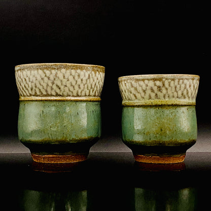 人间国宝 岛冈达三（Shimaoka Tatsuzo） 晚年杰作 绳文象嵌盐釉 夫妇汤吞 威士忌杯 两件套 #170