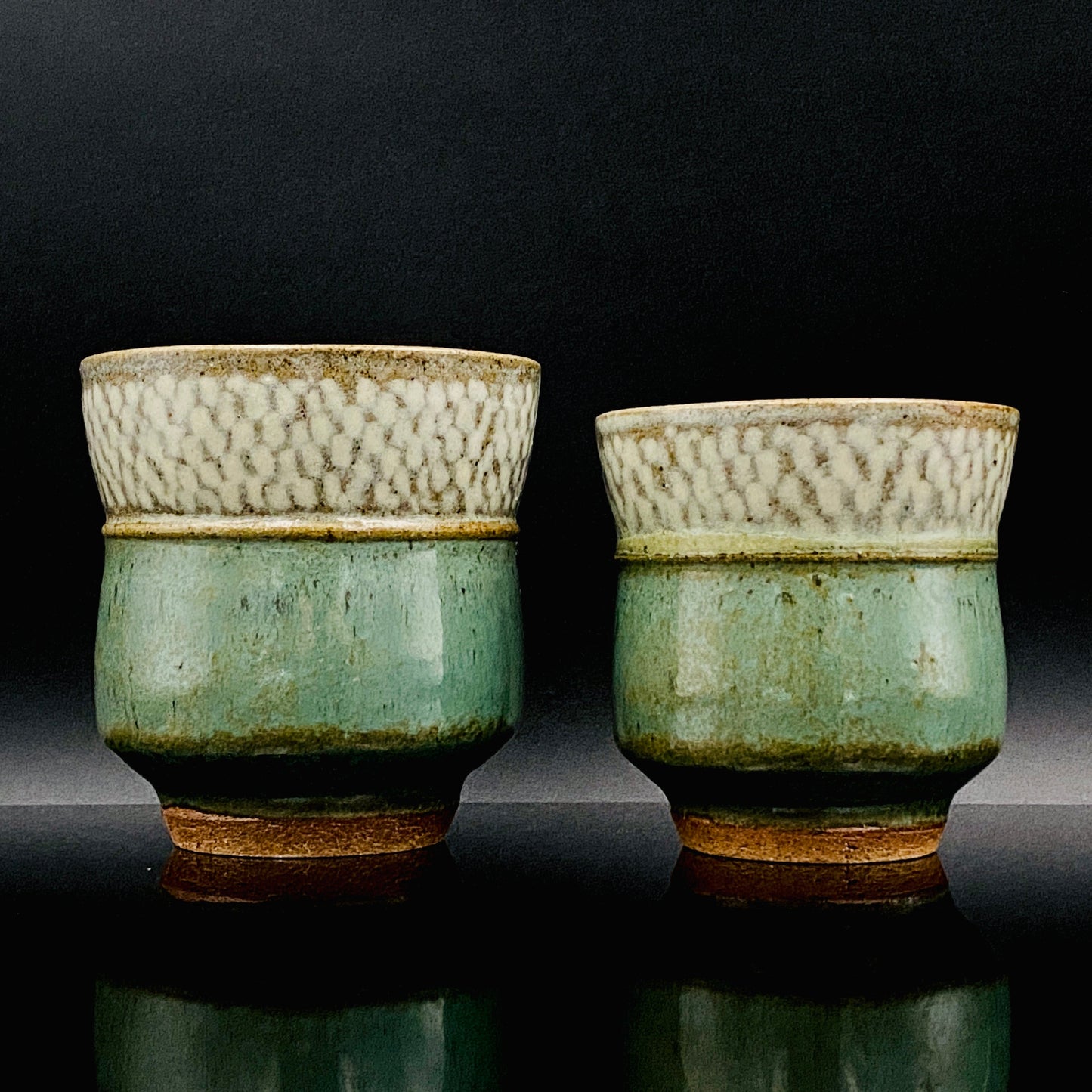 人間国宝 島岡 達三 晩年の傑作 縄文象嵌塩釉 夫婦湯呑 ロックグラス