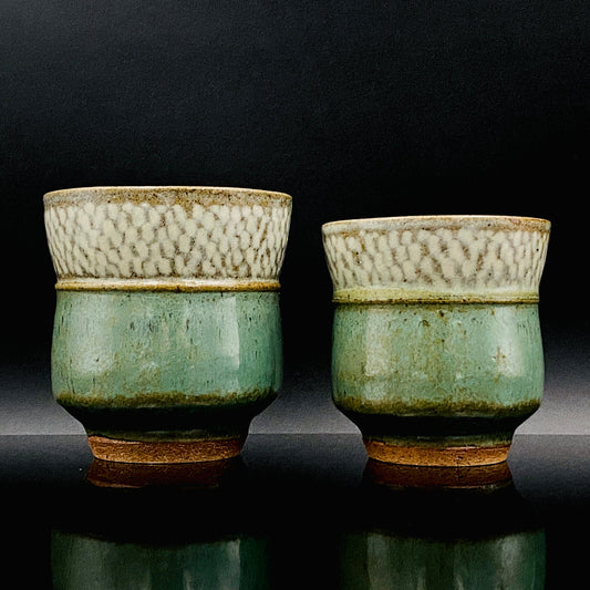人間国宝 島岡 達三 晩年の傑作 縄文象嵌塩釉 夫婦湯呑 ロックグラス