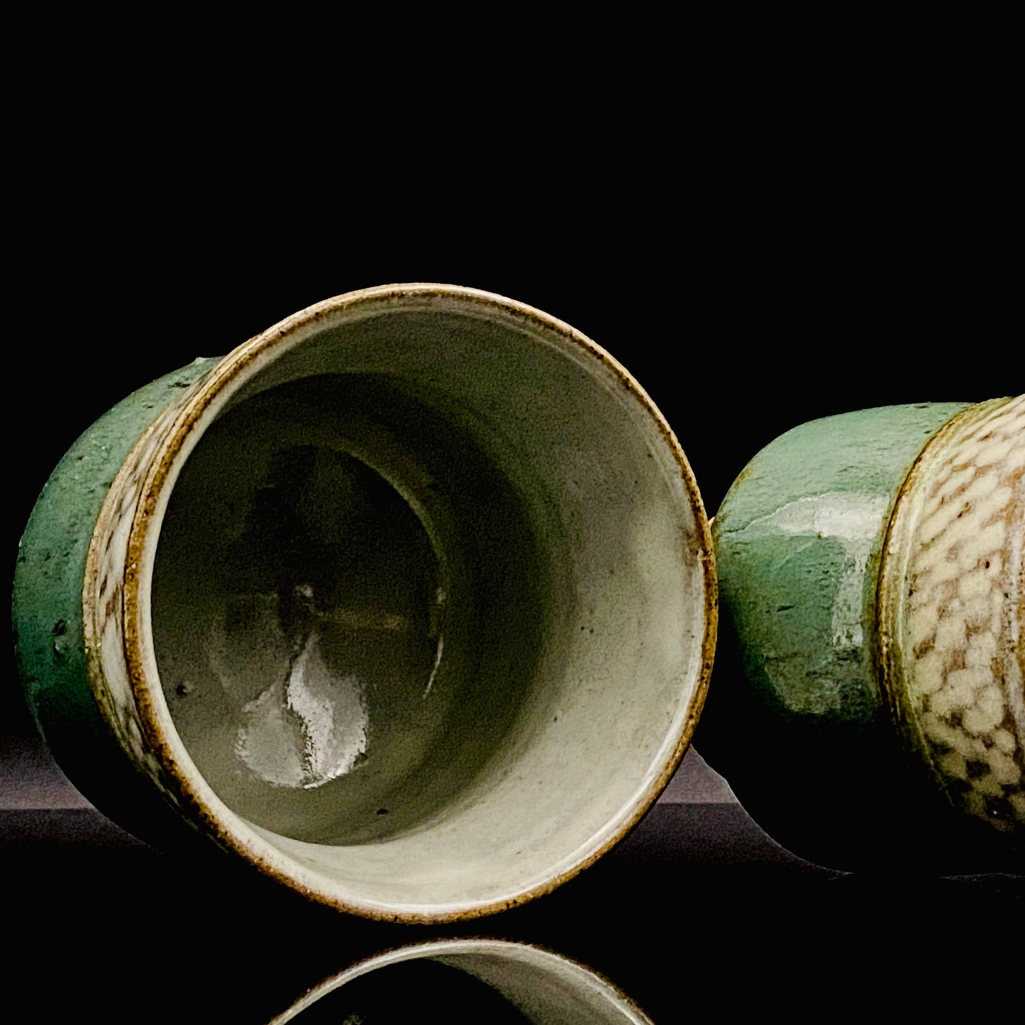 人间国宝 岛冈达三（Shimaoka Tatsuzo） 晚年杰作 绳文象嵌盐釉 夫妇汤吞 威士忌杯 两件套 #170