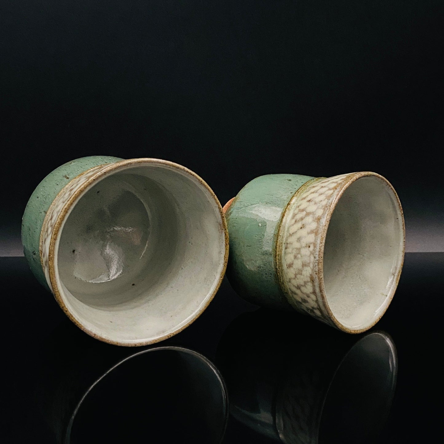 人间国宝 岛冈达三（Shimaoka Tatsuzo） 晚年杰作 绳文象嵌盐釉 夫妇汤吞 威士忌杯 两件套 #170