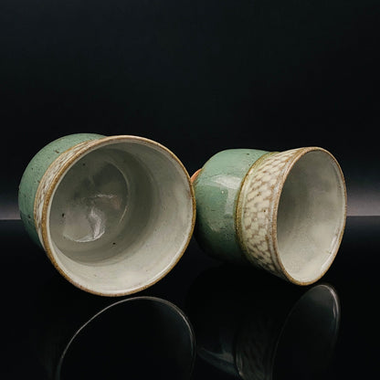 人间国宝 岛冈达三（Shimaoka Tatsuzo） 晚年杰作 绳文象嵌盐釉 夫妇汤吞 威士忌杯 两件套 #170