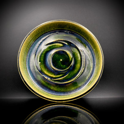 Houston (USA) | Member of the Kokugakai | Mashiko Potter and Pupil of Tatsuzo Shimaoka | Ken Matsuzaki | Plate with Swirl Pattern in Green and Blue Glazes | Dish for Snacks #477