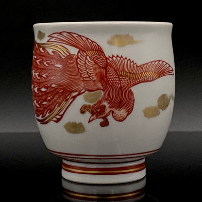 山本芳岳（Yamamoto Hogaku）最上位作 九谷烧 赤绘细描 金彩赤绘 凤凰文 清酒杯 酒器 皇室献礼作家 #193