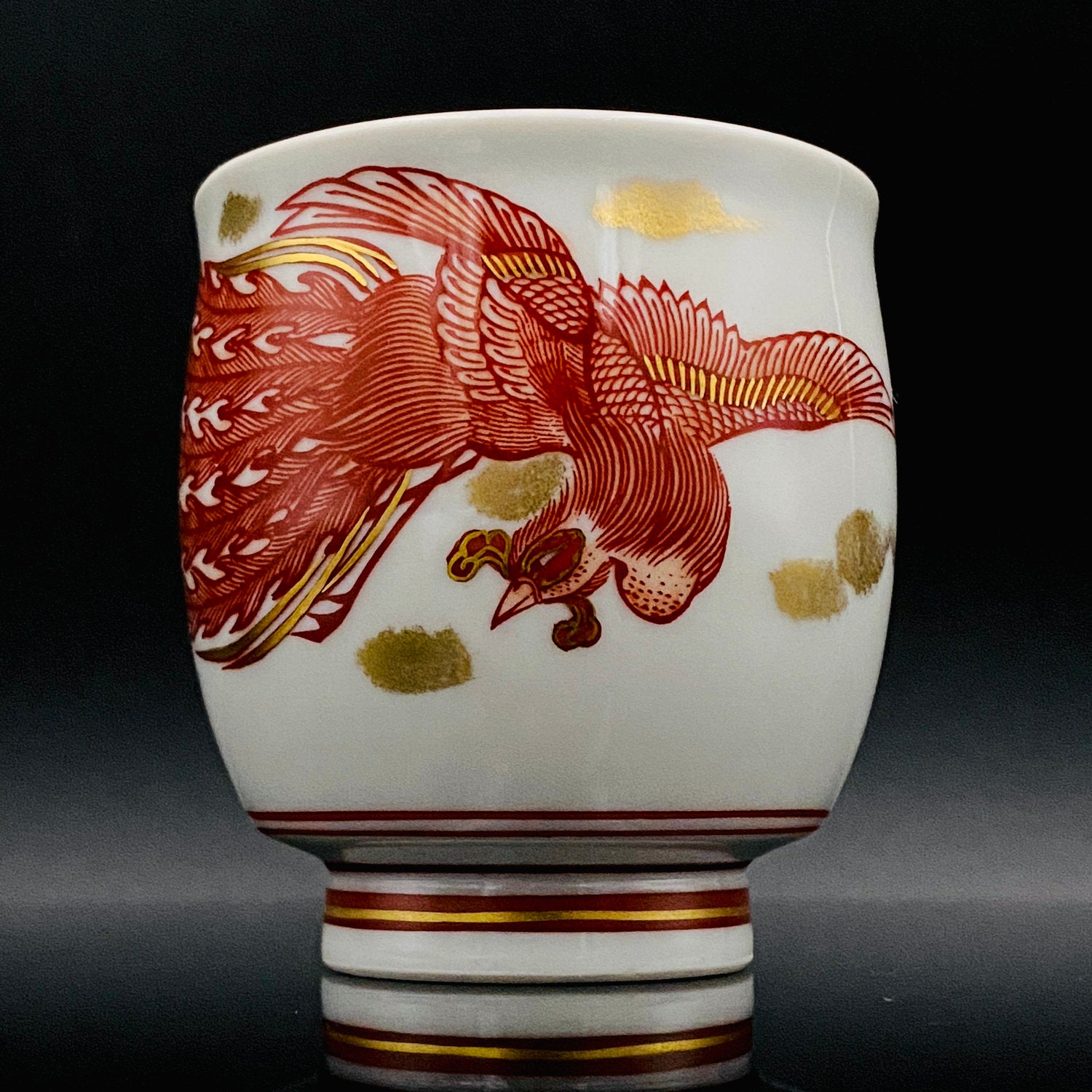 山本 芳岳 最上位作 九谷焼 赤絵細描 金彩赤絵 鳳凰文 ぐい呑み 酒器